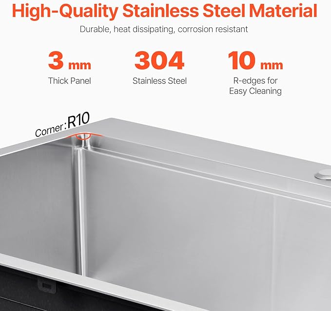 VEVOR Drop In Kitchen Sink 33 Inch Kitchen Sink Workstation, 304 Stainless Steel Top Mount Sinks, Drop-In Single Bowl with Ledge & Multiple Accessories Sink for RV, Prep Kitchen, Bar 33 x 22 x 9inch