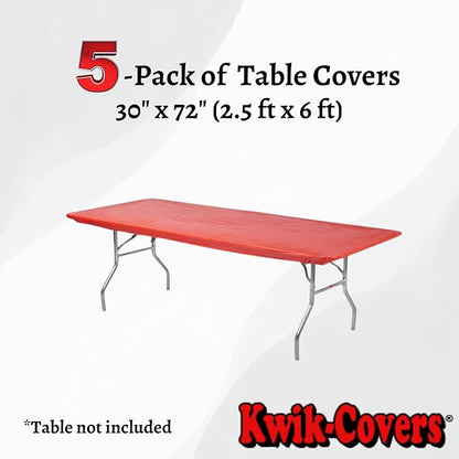 Kwik-Covers 6' Rectangle Plastic Table Covers 30" x 72", Bundle of 5 (Red)