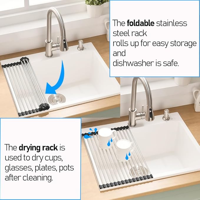24 Drop in Kitchen Sink, 24x19 Inch Single Bowl White Granite Composite Quartz Topmount Outdoor Kitchen Sink RV Basin with Small Rubber Squeegee