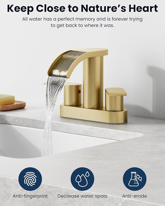gotonovo 4 Inch Centerset Waterfall Bathroom Sink Faucet Deck Mount 2 Handle Basin Faucets 2 or 3 Hole with Pop Up Drain Included Lavatory Modern Mixer Tap Vanity Faucet Brushed Gold
