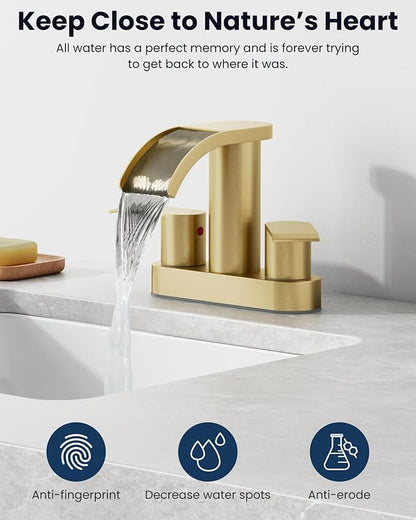 gotonovo 4 Inch Centerset Waterfall Bathroom Sink Faucet Deck Mount 2 Handle Basin Faucets 2 or 3 Hole with Pop Up Drain Included Lavatory Modern Mixer Tap Vanity Faucet Brushed Gold