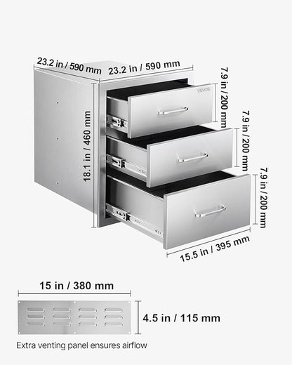 VEVOR Outdoor Kitchen Cabinets 18.11"W x 23.23"D x 23.23"H, Triple-Access Stainless Steel BBQ Drawers with Handles, BBQ Island Drawer for Outdoor Kitchens, Barbeque Island Patio Grill Station