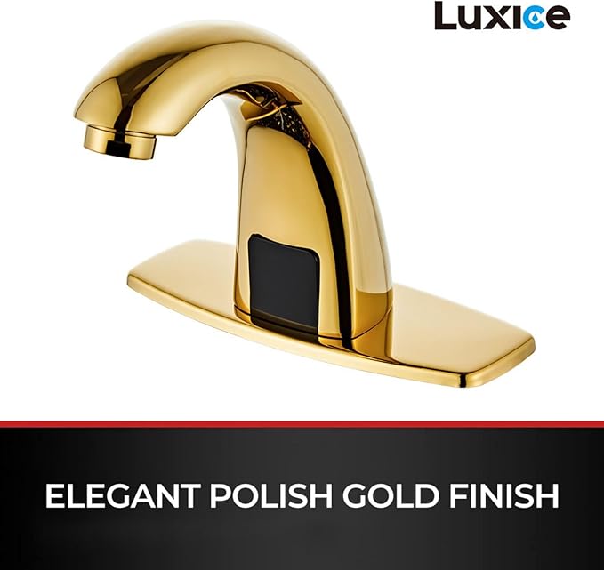 Polish Gold Touchless Bathroom Sink Faucet - Automatic Motion Sensor Battery Opertated with Temperature Mixing Valve for Commercial Lavatory