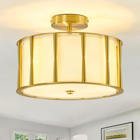 3-Light Semi Flush Mount Ceiling Light 13.4inch Gold Drum Light with Fabric Linen Shade Retro Close to Ceiling Light Fixture for Living Room Bedroom Dining Room Kitchen Hallway Entry Foyer