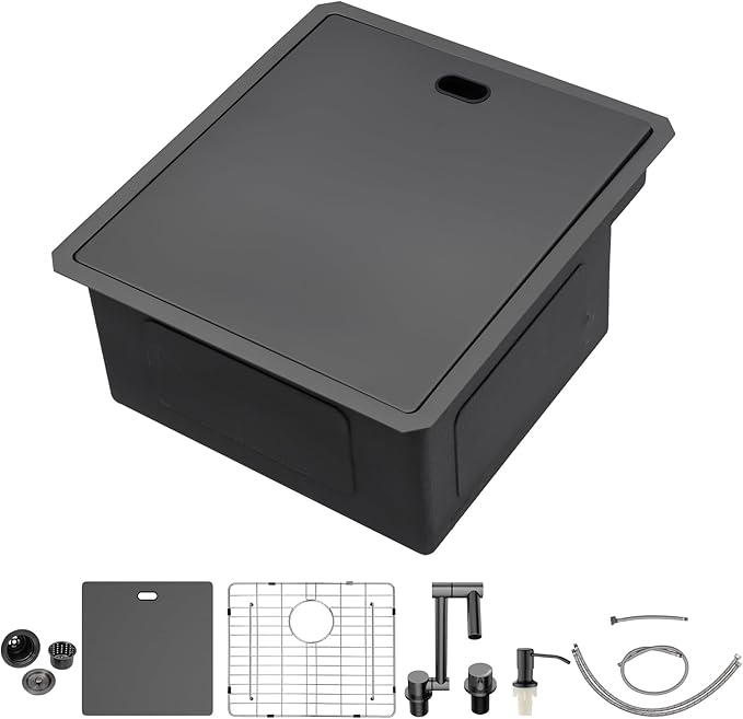 Outdoor Sink and Faucet - Beslend 17x19x9 Inch Black Undermount Bar Sink With Folding Faucet and Cover 16 Gauge Stainless Steel Single Bowl Sink Indoor Outdoor