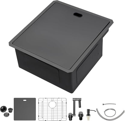 Outdoor Sink and Faucet - Beslend 17x19x9 Inch Black Undermount Bar Sink With Folding Faucet and Cover 16 Gauge Stainless Steel Single Bowl Sink Indoor Outdoor