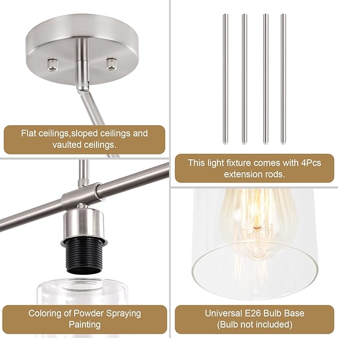 3-Light Modern Chandeliers, Brushed Nickel Kitchen Island Lighting Clear Glass Pendant Lighting Adjustable Height Linear Ceiling Hanging Light Fixture Pendant Light Dining Room Farmhouse