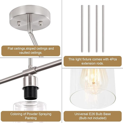 3-Light Modern Chandeliers, Brushed Nickel Kitchen Island Lighting Clear Glass Pendant Lighting Adjustable Height Linear Ceiling Hanging Light Fixture Pendant Light Dining Room Farmhouse