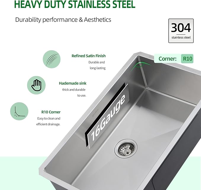 Undermount Kitchen Sink, 28 x 19 Inch Sink Kitchen16 Gauge Stainless Steel Outdoor Laundry Kitchen Sinks Single Bowl