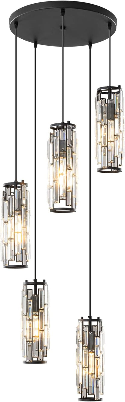 LMQNINE Pendant Light, Black Modern Pendant Light Fixtures, Mini Crystal Chandeliers, Adjustable 5-Light Pendant Lighting for Kitchen Island Dinning Room Bedroom (Black 5-Light)