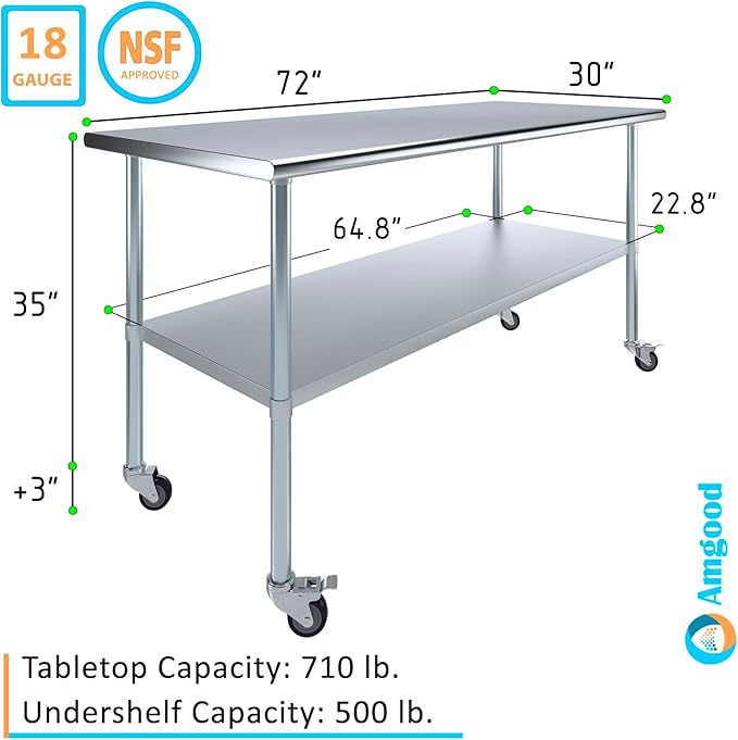 Stainless Steel Work Table with Wheels | NSF Kitchen Island Food Prep | Laundry Garage Utility Bench (Table + Wheels, 72" Long x 30" Deep)