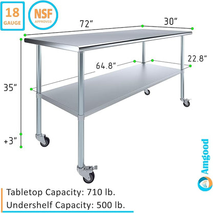 Stainless Steel Work Table with Wheels | NSF Kitchen Island Food Prep | Laundry Garage Utility Bench (Table + Wheels, 72" Long x 30" Deep)