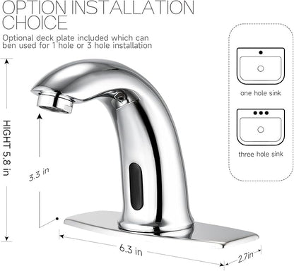Touchless Bathroom Sink Faucet Automatic Motion Sensor Hands Free Faucet with Hole Cover Plate and Temperature Mixer,Commercial Solid Brass Faucet,AC/DC Powered,1 Hole or 3 Hole (Chrome)