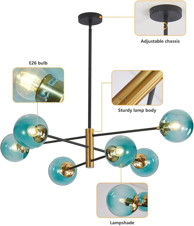BOKT Modern 6-Lights Blue Glass Ball Sputnik Chandelier Mid-Century Black Gold Flush Mount Chandelier Vintage Large Globe Sputnik Chandelier Kitchen Island Pendant Light