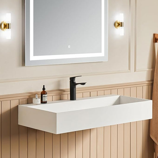 Cpingao 42" Wall Mount Stone Resin Bathroom Sink, Large Rectangle Trough Basin, Matte White Solid Surface Floating Vanity Top with Pre-drilled Hole