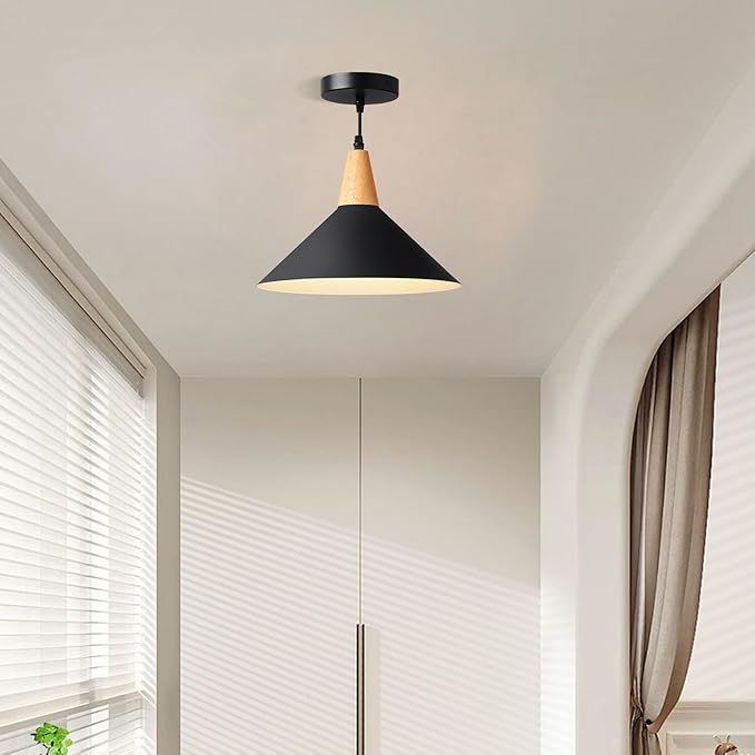 Modern Black Pendant Light Fixtures, 11.8" Farmhouse Wood Pendant Lighting, Industrial Cone Hanging Lights for Kitchen Island,Dining Room,Hallway,Barn,Entryway,Restaurant