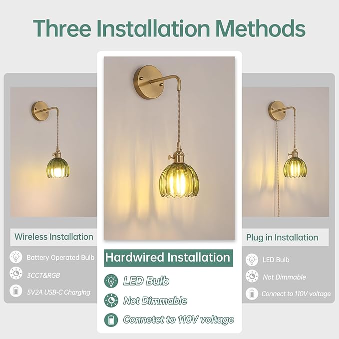 Shenmoyl Vintage Wall Sconce Wall Lamp Green Tulip Shade Pattern Glass Adjustable Chain Retro Gold Wall Mounted Light, Wall Lamp Fixtures Decor for Bedside Bedroom Indoor Doorway