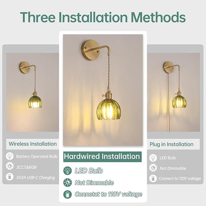 Shenmoyl Vintage Wall Sconce Wall Lamp Green Tulip Shade Pattern Glass Adjustable Chain Retro Gold Wall Mounted Light, Wall Lamp Fixtures Decor for Bedside Bedroom Indoor Doorway