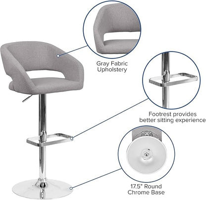 Flash Furniture Erik Contemporary Adjustable Height Barstool with Footrest and Rounded Mid-Back, Upholstered Bar or Counter Height Stool, Gray/Chrome