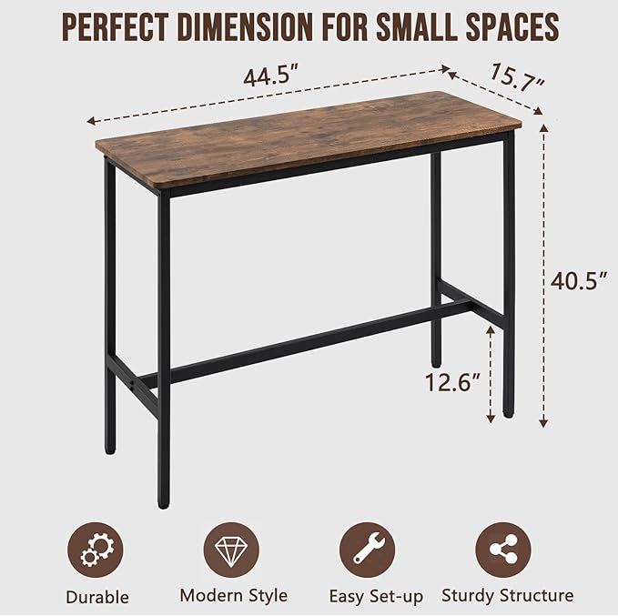 44.5" Bar Table, Pub Table with Adjustable Feet Floor Protector, Narrow Rectangular Kitchen Counter Bar Tables, Sofa High Top Tables with Black Metal Legs, Rustic Brown