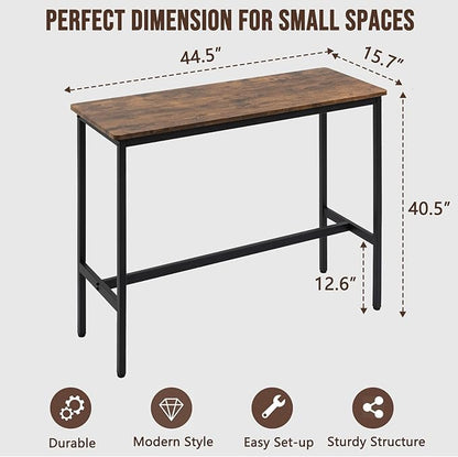 44.5" Bar Table, Pub Table with Adjustable Feet Floor Protector, Narrow Rectangular Kitchen Counter Bar Tables, Sofa High Top Tables with Black Metal Legs, Rustic Brown