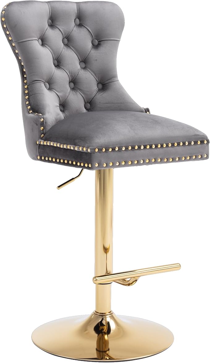 Rhomtree 27-36 Inch Swivel Bar Stools, Adjustable Counter Height Barstools with Tufted High Back & Ring Pull Golden Footrest, Upholstered Bar Chairs for Home Bar Kitchen Island(Grey Set of 6)