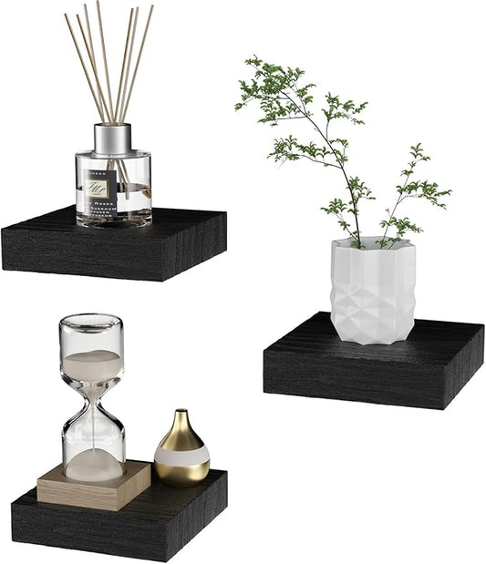 PopiShelves Small Floating Shelves for Wall - 4 Inch Mini Square Black Shelves for Bedroom, Living Room, Bathroom, Kitchen, Office Decor Set of 3