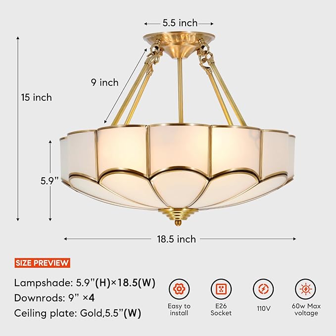 Vintage Pendant Light Fixture, 4-Light Semi Flush Mount Ceiling Light, Handmade Glass Ceiling Light Fixture for Foyer Entryway Stairway (Antique)