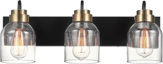 Globe Electric 63000200 22" 3-Light Vanity Light, Matte Black, Matte Brass Accents, Glass Shades, Beauty Room Accessories, Lights for Bathroom, Powder Room Lighting, Bathroom Lights Over Mirror