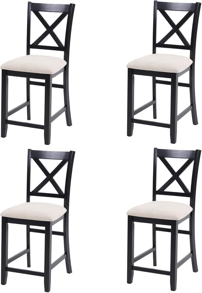 Counter Height Dining Chairs Set of 4, X-Back Kitchen Bar Stools with Padded Seat, Black Wooden Frame with Beige Linen Fabric, Ergonomic Chairs for Kitchen Island, Home Bar