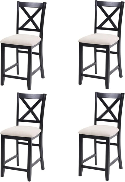 Counter Height Dining Chairs Set of 4, X-Back Kitchen Bar Stools with Padded Seat, Black Wooden Frame with Beige Linen Fabric, Ergonomic Chairs for Kitchen Island, Home Bar