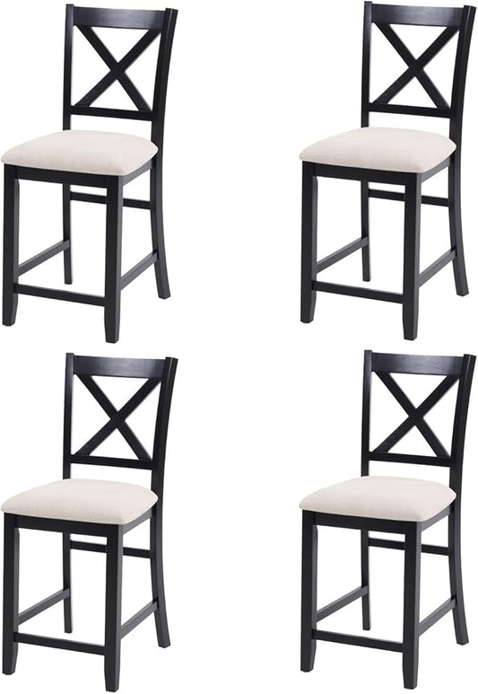 Counter Height Dining Chairs Set of 4, X-Back Kitchen Bar Stools with Padded Seat, Black Wooden Frame with Beige Linen Fabric, Ergonomic Chairs for Kitchen Island, Home Bar