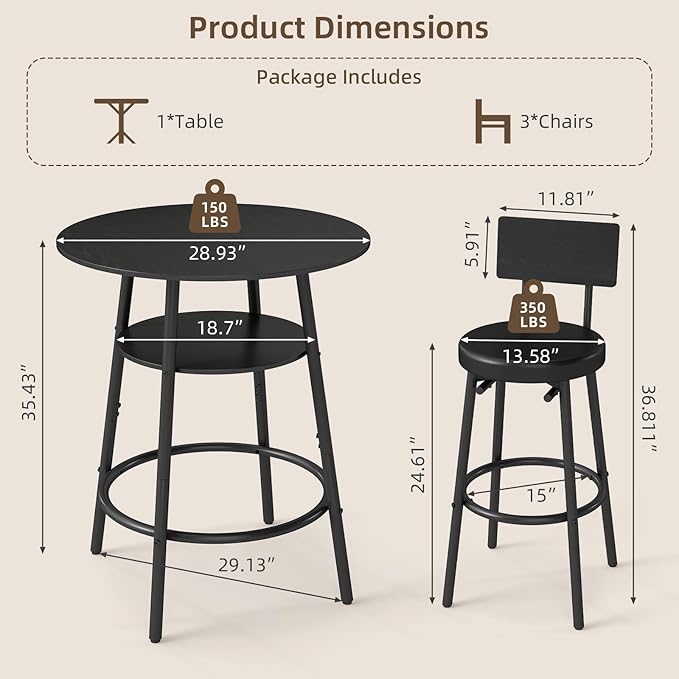 Zevemomo 4 Pieces 28.9" Round Bar Table Set, Bar Stool Table Set of 3, Black Kitchen Bar Table, Breakfast Table with Storage, 3 Thickened Cushion Stools with Backrest for Small Space & Bistro-Black