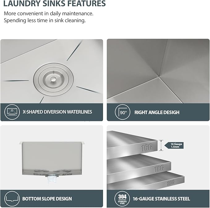 Lordear 21 Laundry Sink Stainless Steel 21" x 18" x 12" Undermount Sink Single Bowl 16 Gauge Stainless Steel Deep Laundry Room Utility Sinks 12 Inch Deep