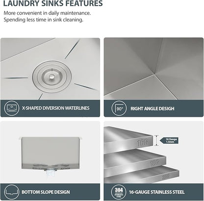 Lordear 21 Laundry Sink Stainless Steel 21" x 18" x 12" Undermount Sink Single Bowl 16 Gauge Stainless Steel Deep Laundry Room Utility Sinks 12 Inch Deep
