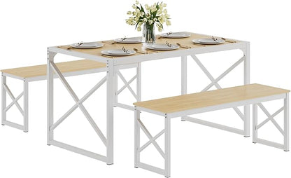 VECELO Kitchen Dining Table Benches Set for 4/6, 55" Wooden Dinette with 2 Benches, Large Embedded Desktop for Small Space, Breakfast Nook, Natural Oak
