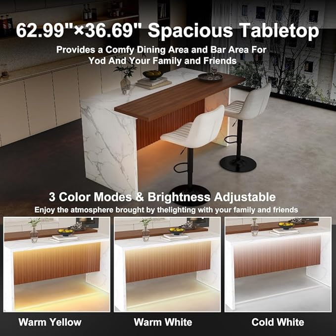 63 Inch Kitchen Island with 4 Deep Brown Bar Stools – White Marble Countertop, Integrated LED Lighting & Grille Design, Multi-Functional Breakfast Bar for Dining Rooms, (White+2beige)