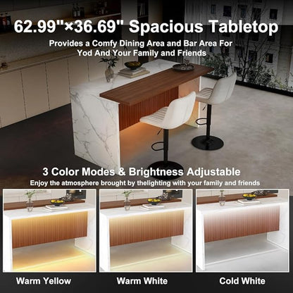 63 Inch Kitchen Island with 4 Deep Brown Bar Stools – White Marble Countertop, Integrated LED Lighting & Grille Design, Multi-Functional Breakfast Bar for Dining Rooms, (White+2beige)