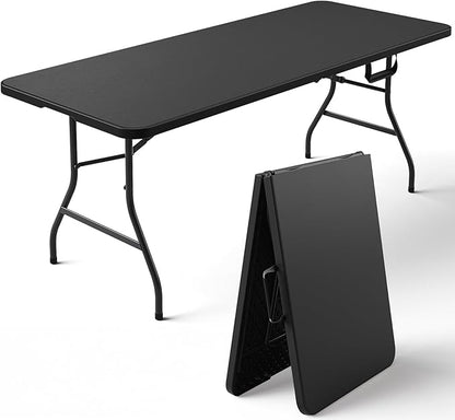 Folding Table 6FT Heavy Duty Plastic Table with Handle, Foldable&Portable, Fold-in-Half Utility Tables for Outdoor, Dining, Wedding, Events, Indoor, Picnic, Camping, Party, Black