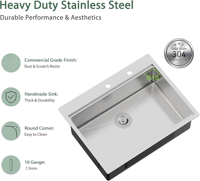 25x22 Drop In Kitchen Sink Workstation - Couoko 25 Inch 16 Gauge T304 Stainless Steel Drop In RV Bar Sink Large Deep Handmade Single Bowl Laundry Utility Sinks with Accessories, 25"x22"x9"