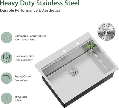 25x22 Drop In Kitchen Sink Workstation - Couoko 25 Inch 16 Gauge T304 Stainless Steel Drop In RV Bar Sink Large Deep Handmade Single Bowl Laundry Utility Sinks with Accessories, 25"x22"x9"
