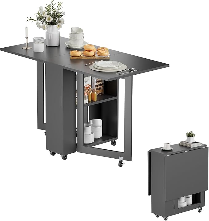LotFun Folding Dining Table with 6 Wheels, 2-Layer Storage Shelf & Drawer, Space Saving Farmhouse Kitchen Table for Small Spaces