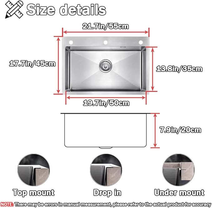 21.7 * 17.7in Drop In Kitchen Sink with 3 Holes,Silver Gray Topmount Stainless Steel Single Bowl Sinks With Drain basket & Soap dispenser