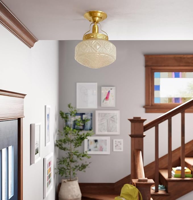 Bofea-Gold Semi Flush Mount Ceiling Light,Brass Vintage Flush Mounted Ceiling Lighting with Milk White Glass Shade, Mid-Century Style Ceiling Light Fixture for Hallway Foyer Loft Bathroom Bedroom. (B)