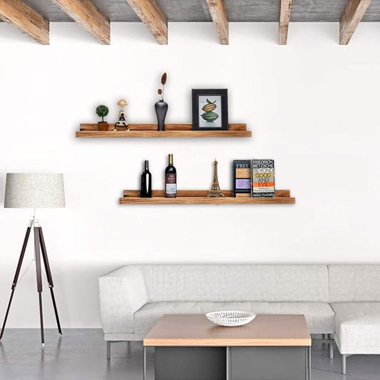 AZSKY 24" Floating Wall Ledge Shelf Wood Picutre Shelf Wall Mounted Nursery Kids Bookshelf Spice Rack Bathroom Storage Shelves Display Organizer Set of 2