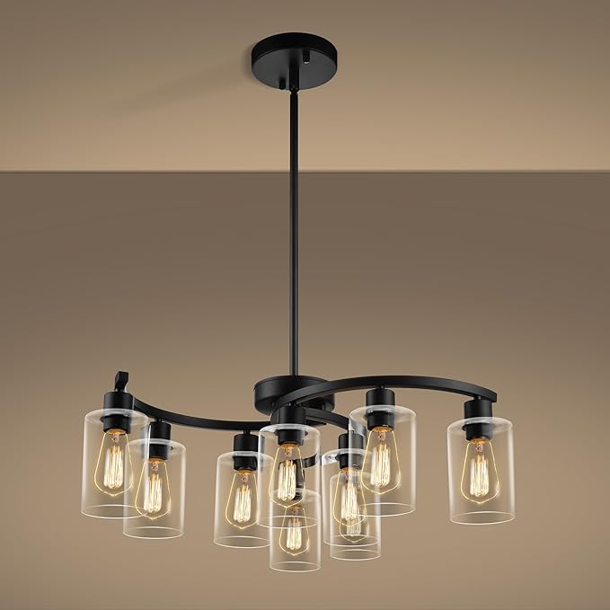 CNRATYE 9-Light Black Modern Chandeliers for Dining Room, Adjustable Height Farmhouse Kitchen Island Lighting, Industrial Hanging Light Fixtures for Living Room Bedroom, Clear Glass Shade
