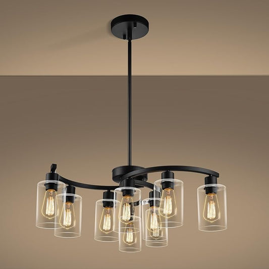 CNRATYE 9-Light Black Modern Chandeliers for Dining Room, Adjustable Height Farmhouse Kitchen Island Lighting, Industrial Hanging Light Fixtures for Living Room Bedroom, Clear Glass Shade