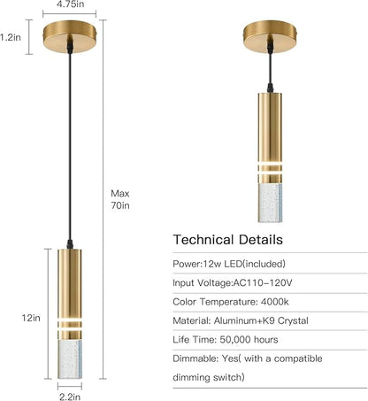 Pendant Lights Kitchen Island 12-Watt 1-Light Dimmable LED Gold Modern Hanging Mini Crystal Pendant Light for Kitchen Island