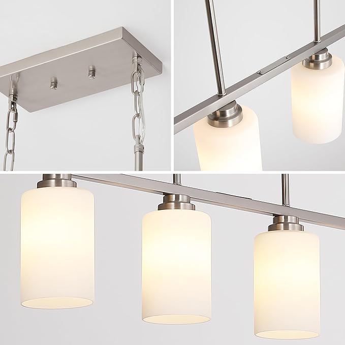Mecgirn Island Light for Kitchen, Brushed Nickel Dining Room Light Fixture Over Table with Milk Glass Shade, 4-Light Linear Chandelier Pendant Lighting for Dining Table Kitchen Island Living Room