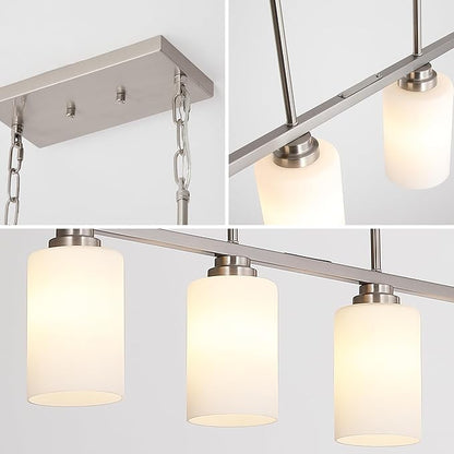 Mecgirn Island Light for Kitchen, Brushed Nickel Dining Room Light Fixture Over Table with Milk Glass Shade, 4-Light Linear Chandelier Pendant Lighting for Dining Table Kitchen Island Living Room